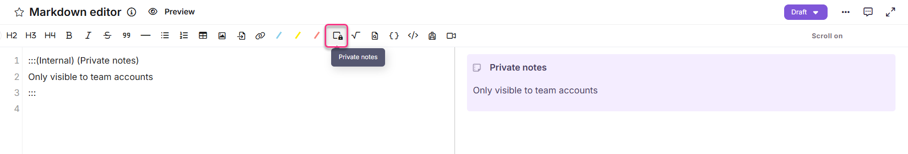 Markdown editor displaying private notes visible only to team accounts.