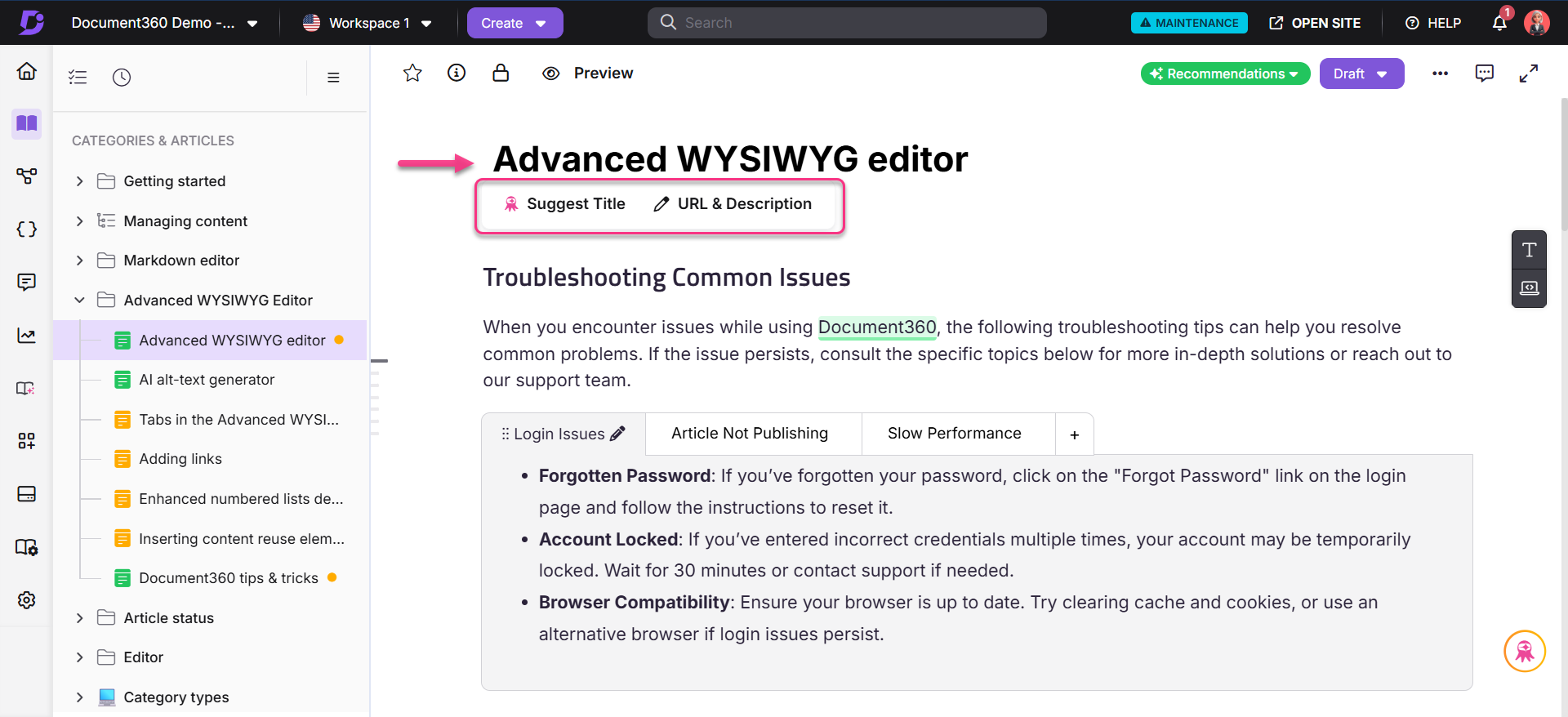 Document360 interface showing Advanced WYSIWYG editor and troubleshooting tips for users.