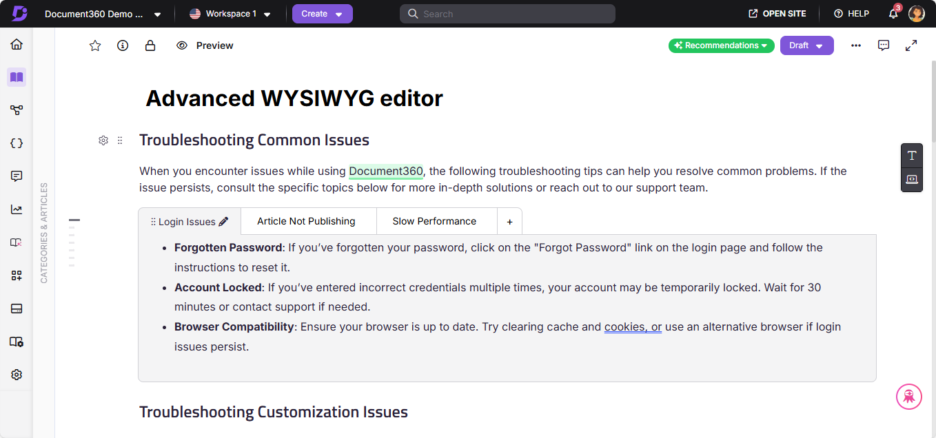 Document360 troubleshooting guide highlighting common login issues and solutions for users.