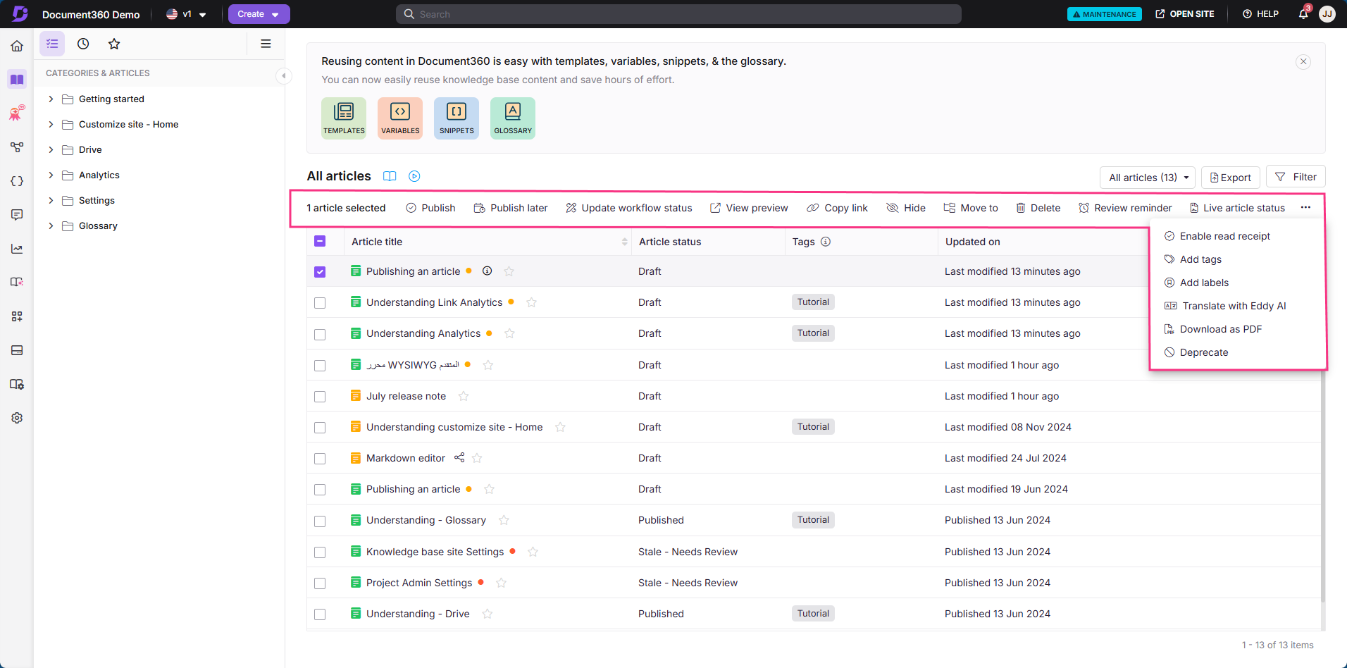 Document360 interface showing article management options and selected article status.