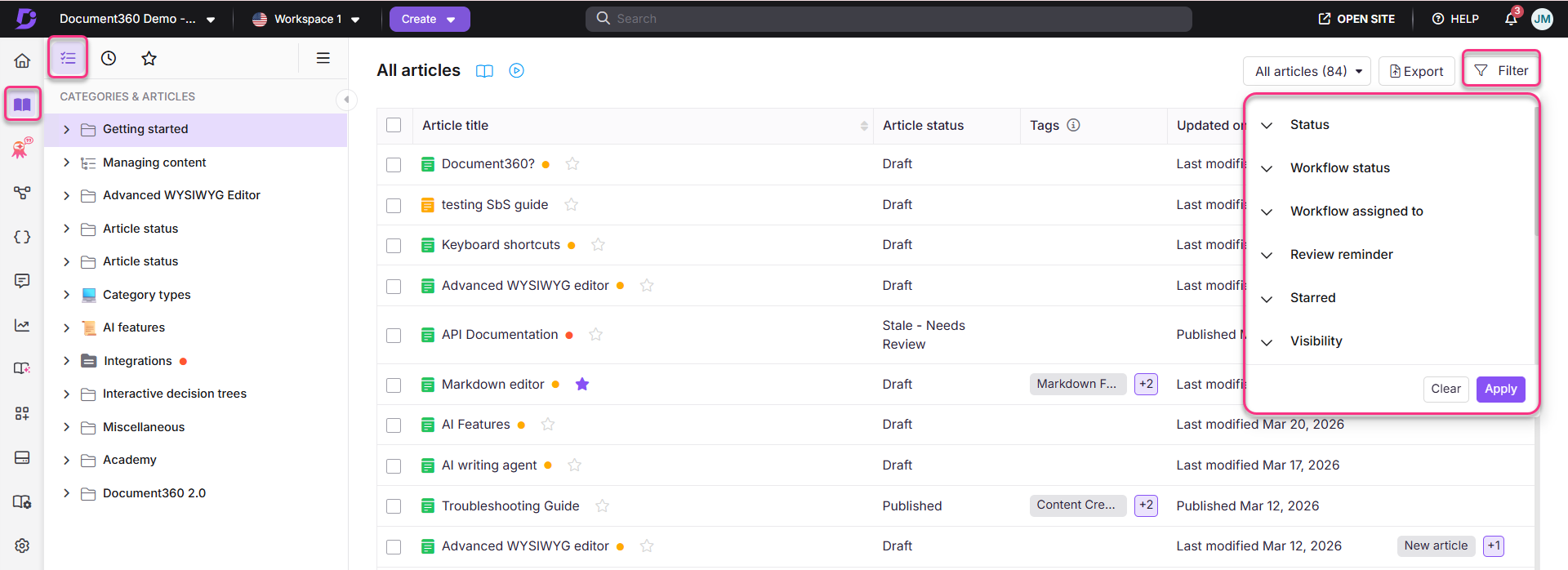 Document360 interface displaying articles, categories, and filtering options for content management.