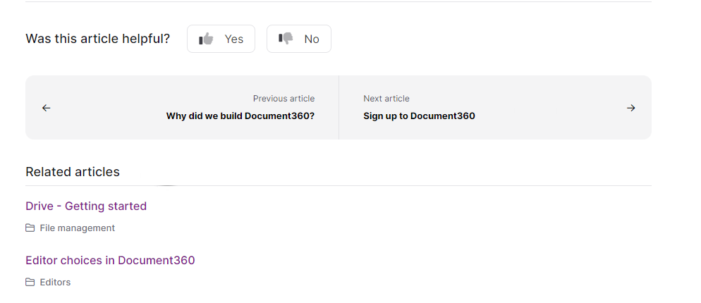 Article footer of the Knowledge base site showing feedback, navigation, and related articles sections.