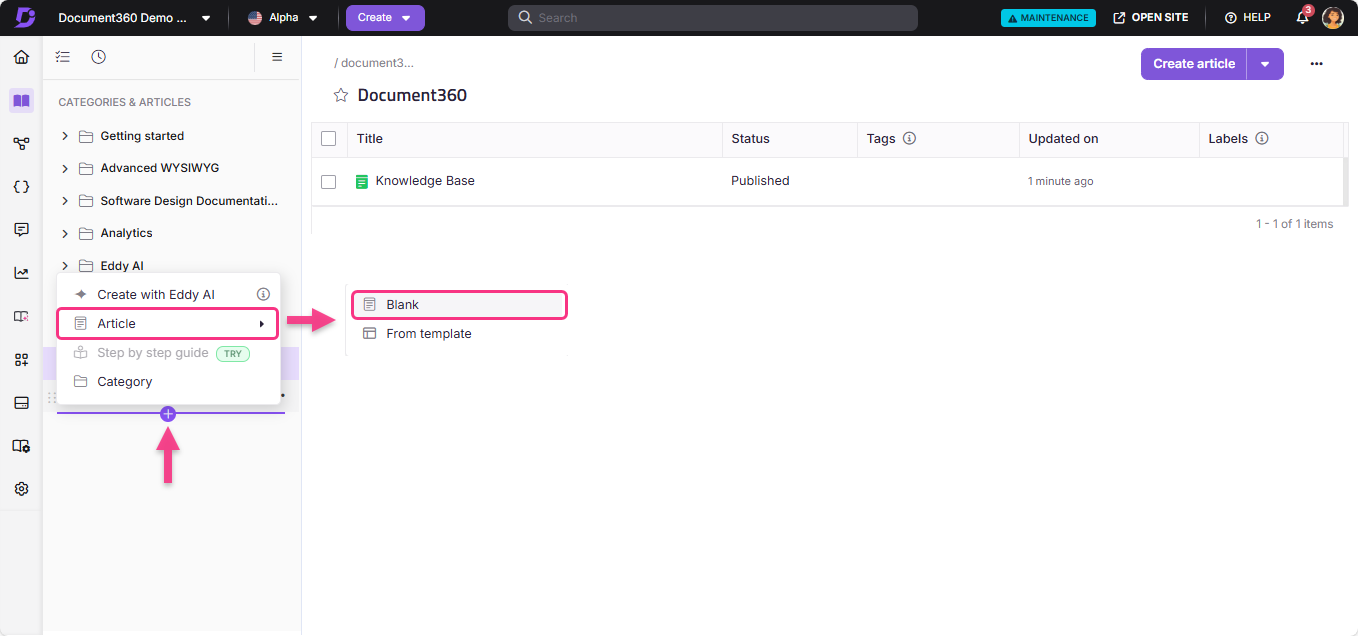 Creating an article in Document360 using Eddy AI with highlighted options.