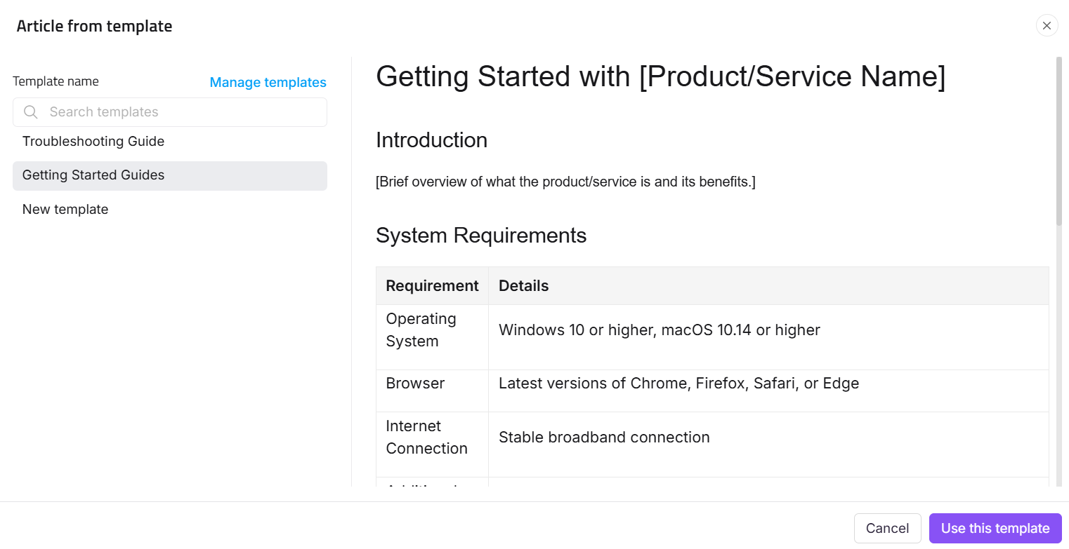 Overview of system requirements for a product or service template guide.