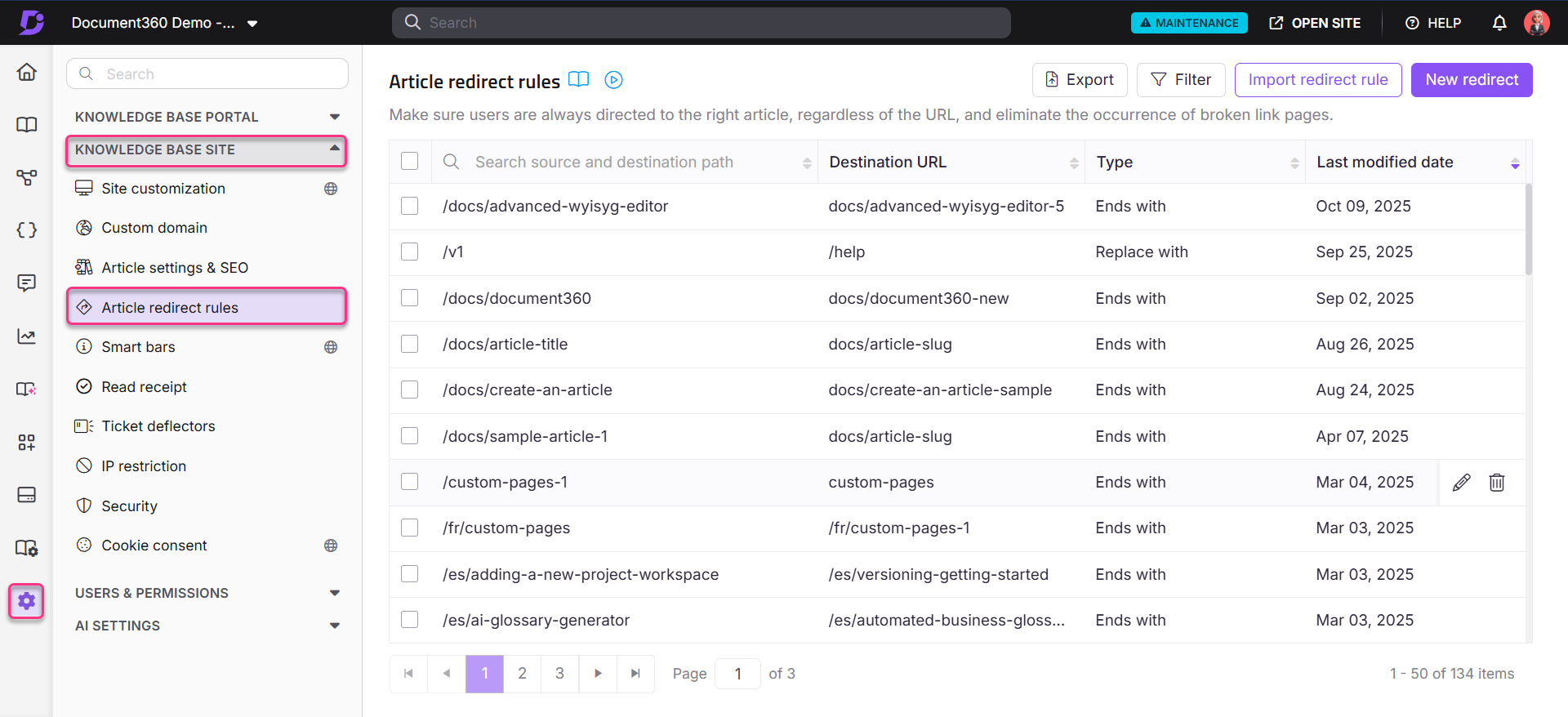 Overview of article redirect rules in a knowledge base management system interface.