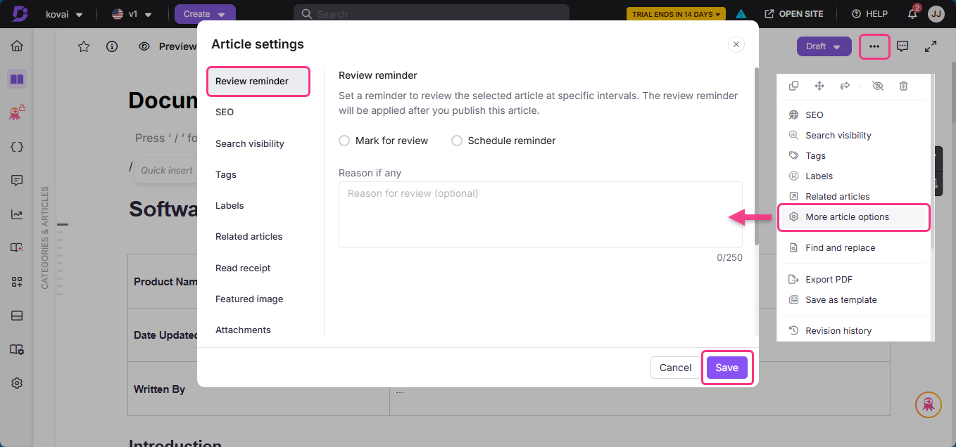 Settings menu for article review reminders with options for marking or scheduling reminders.