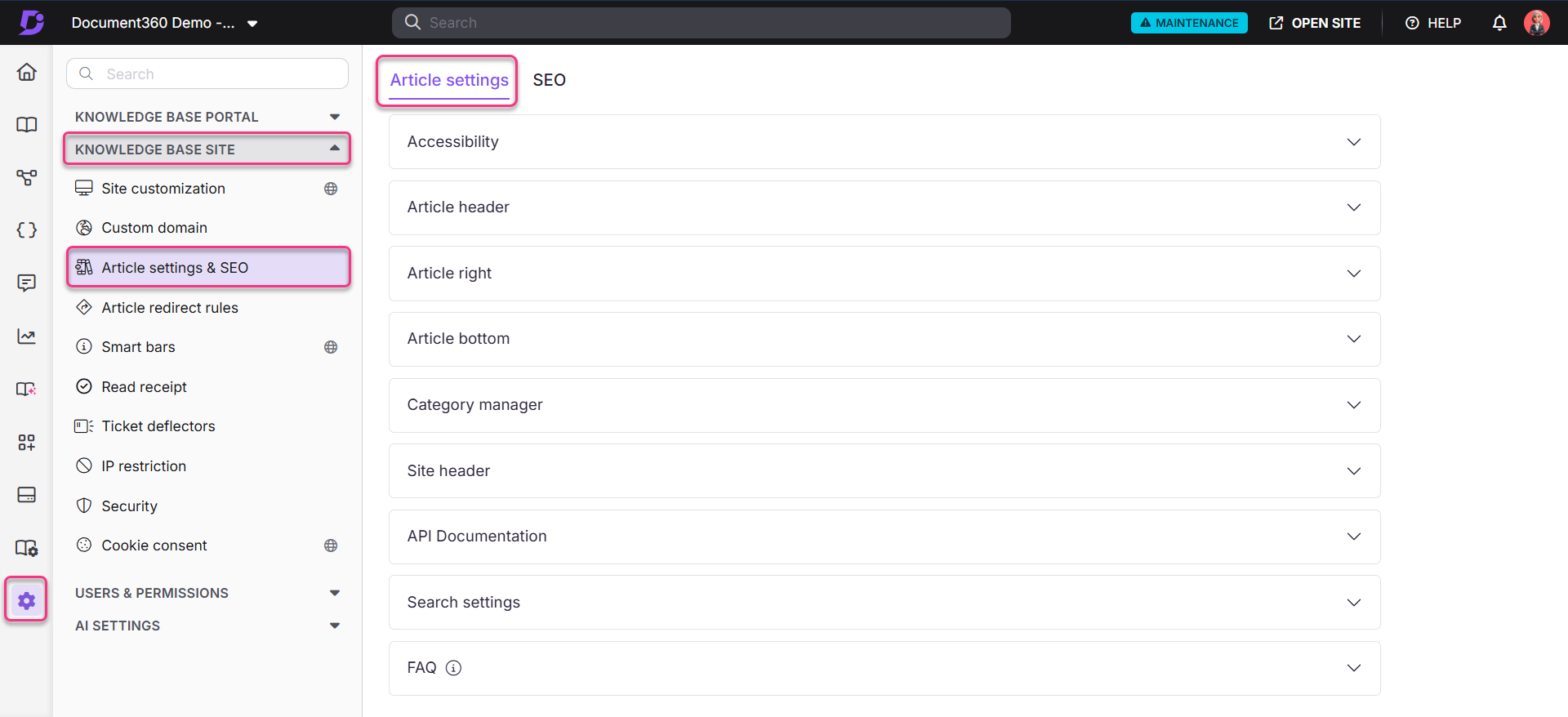 Menu options for article settings and SEO in a knowledge base portal interface.
