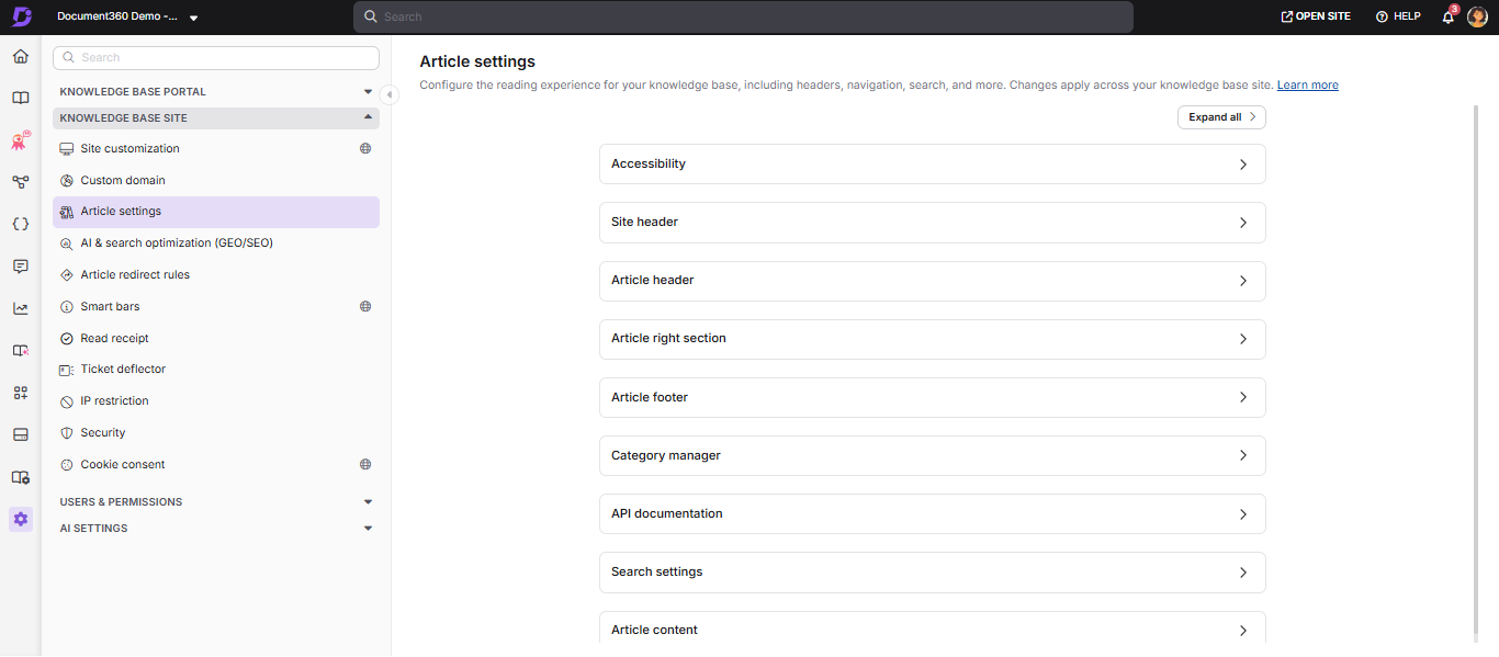 Article settings page in the Knowledge base portal showing the accordion sections