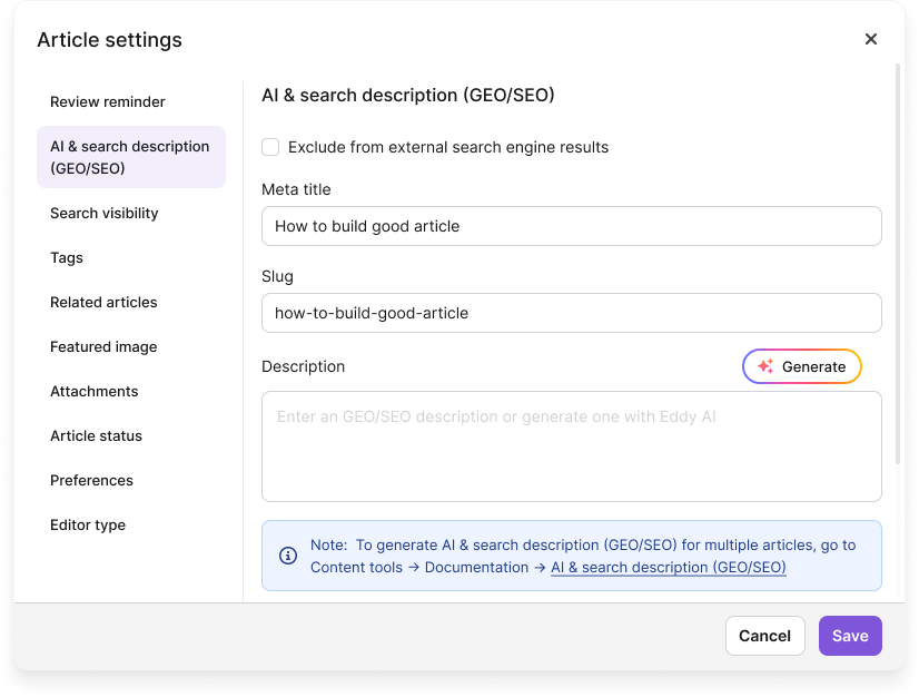 Overview of AI and SEO settings with highlighted links for sitemap and LLMs.