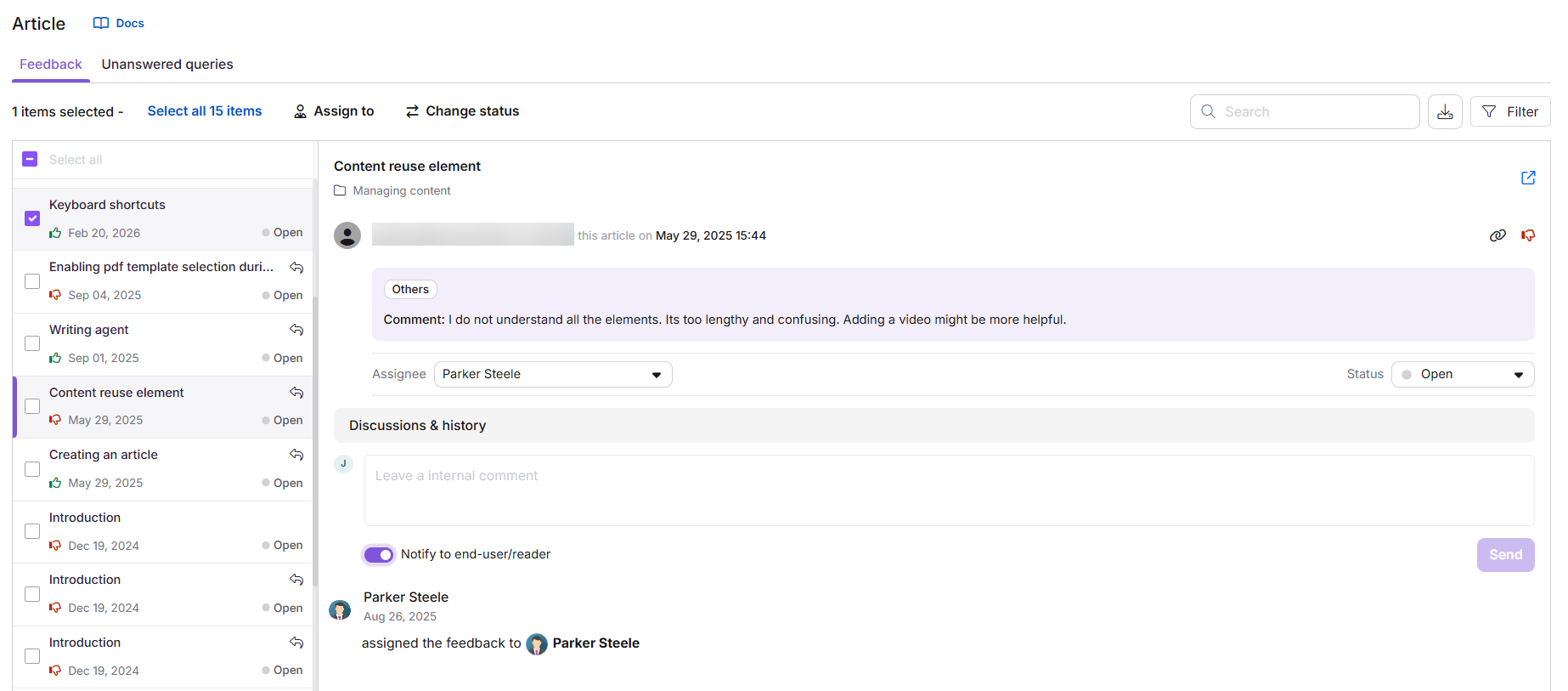 Annotated view of the elements in the Feedback tab in the portal.