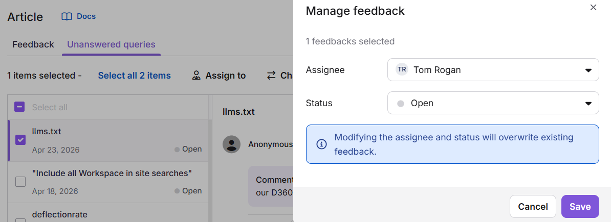 Managing unanswered query in article feedback