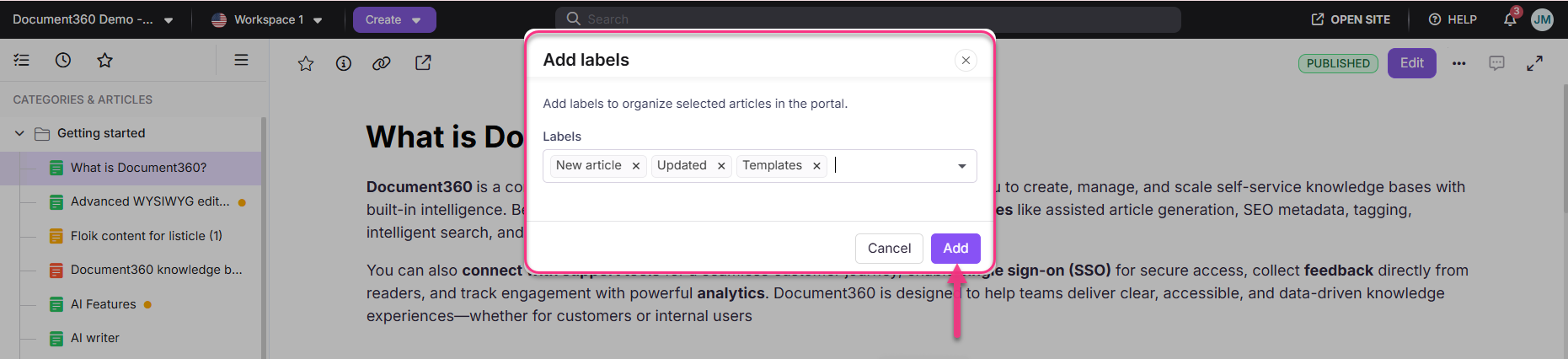 Dialog box for adding labels to organize articles in Document360 interface.