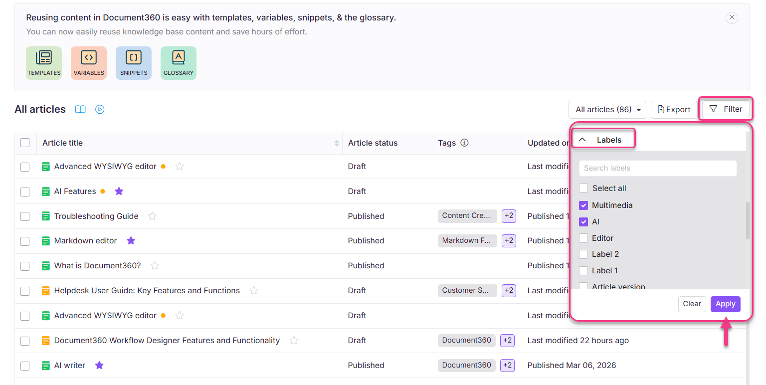 Document360 interface showing article titles, statuses, and filtering options for labels.