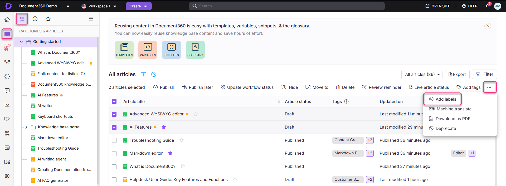 Document360 interface showing article management features and options for adding labels.