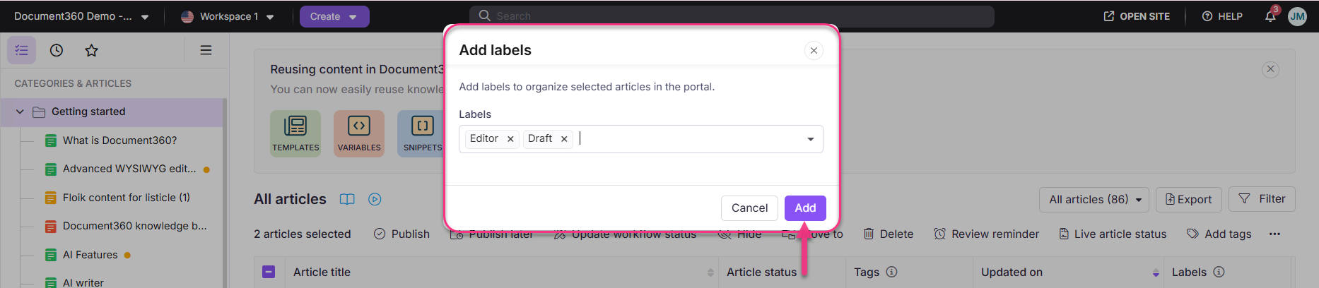Popup window for adding labels to selected articles in Document360 interface.