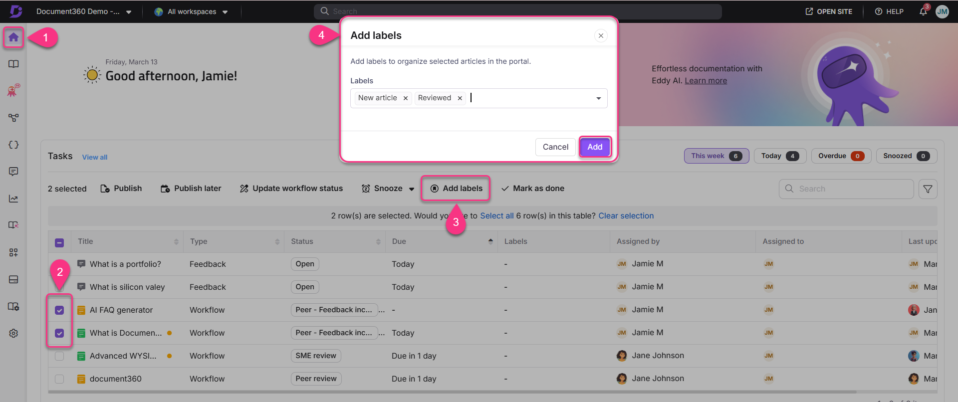 User interface showing task management with options to add labels and select articles.