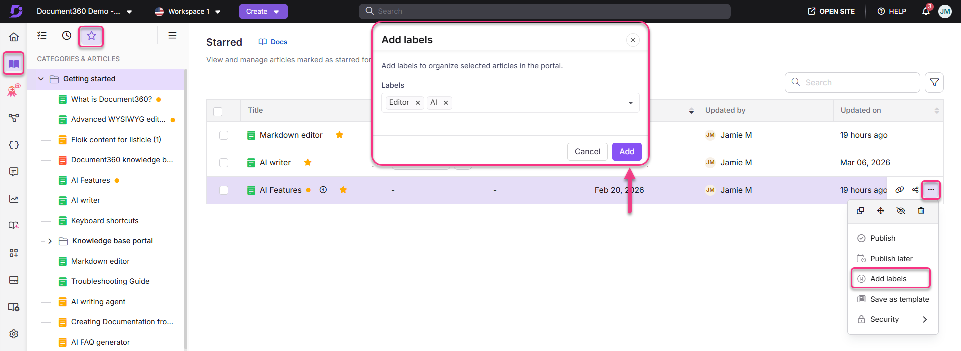 Interface showing how to add labels to articles in Document360 platform.