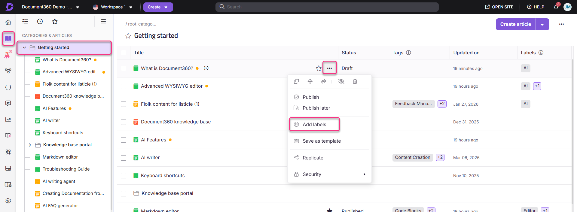 Document360 interface showing article categories, options to publish, and add labels.
