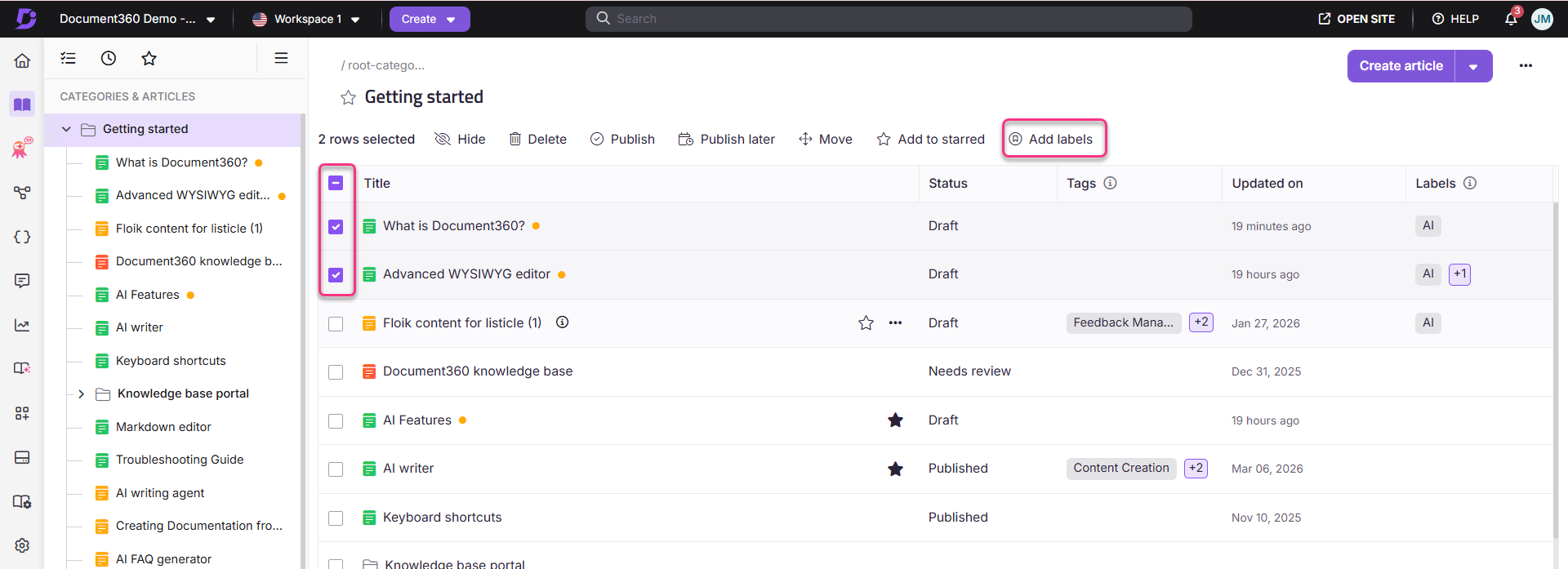 Document360 interface showing article management with options to add labels and publish.