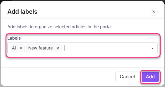 Interface for adding labels to organize articles in the portal.