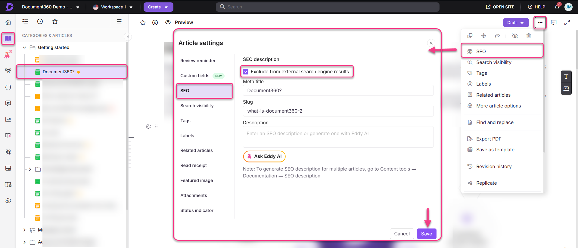 Article settings for Document360, highlighting SEO options and save button.