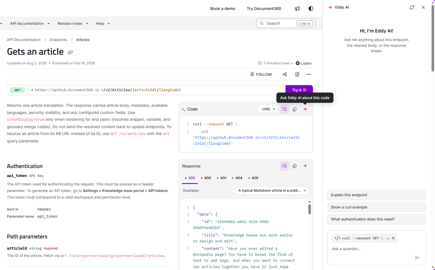 The Ask Eddy AI icon shown on the Code and Response panels of an endpoint page.