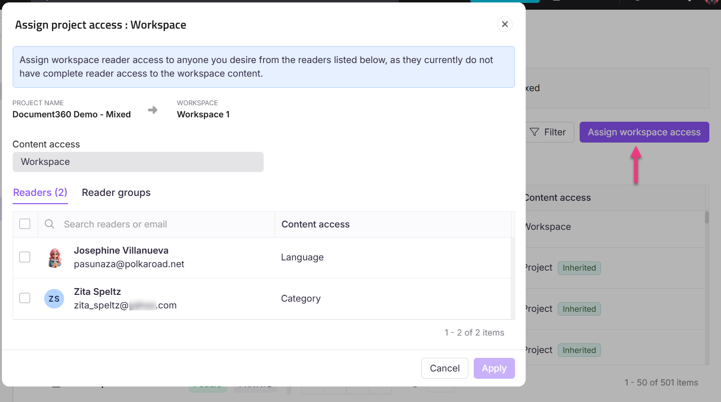 Assign project access to selected readers in Document360 workspace settings interface.