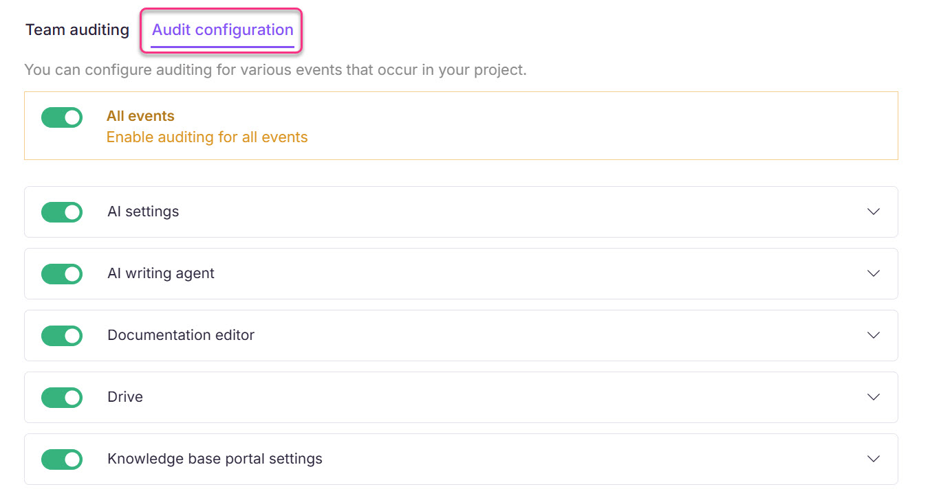 Settings for team auditing, including options for AI and documentation configurations.