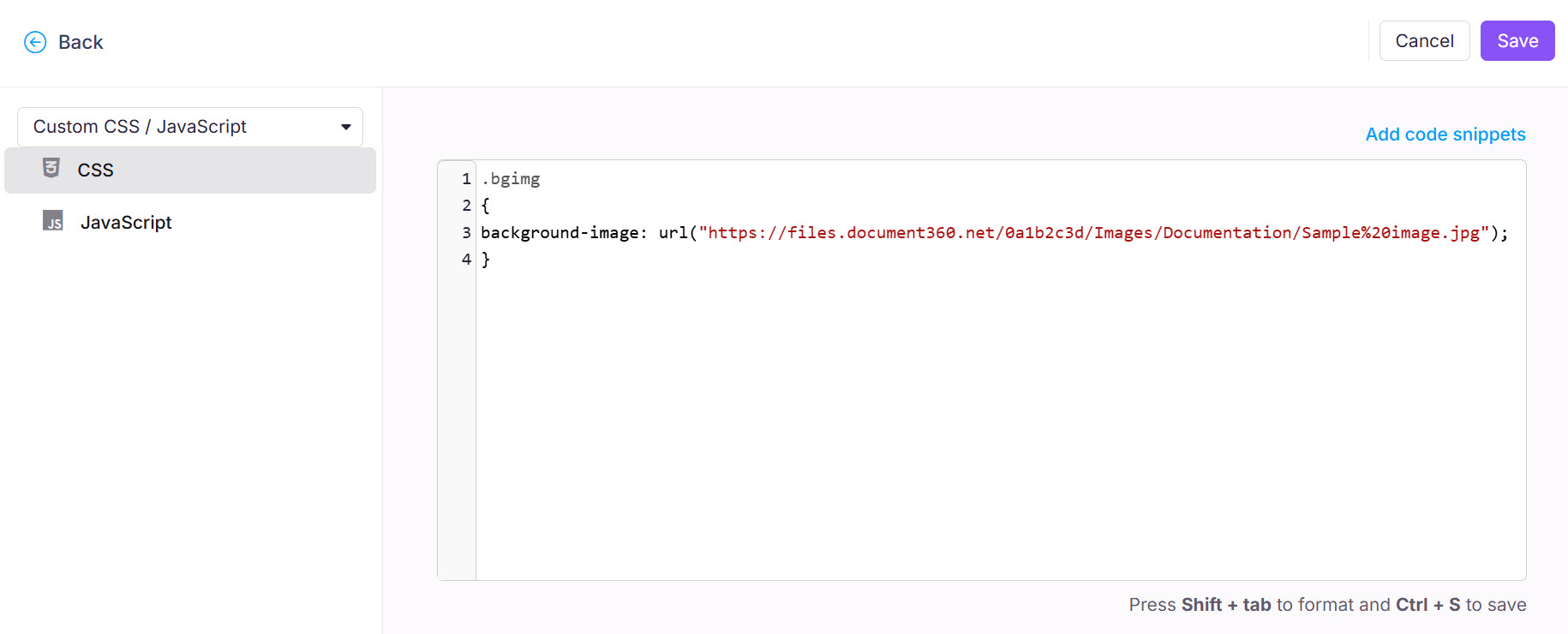 Code snippet showing CSS for setting a background image in a web application.