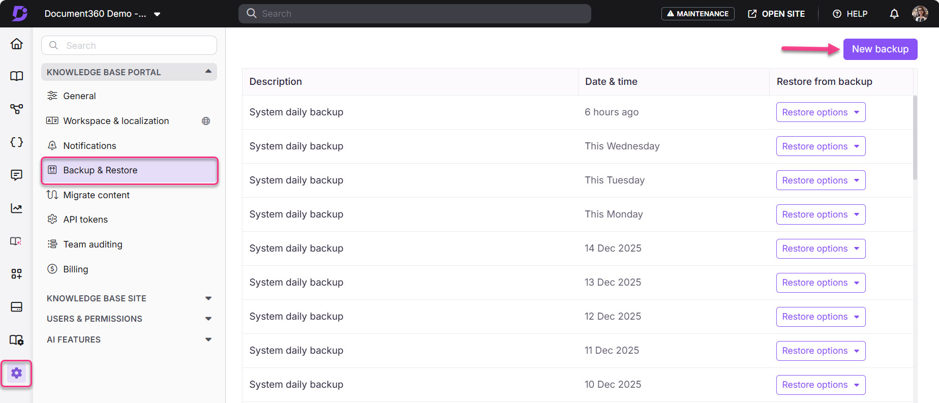 Document360 interface showing backup options and recent backup history for users.