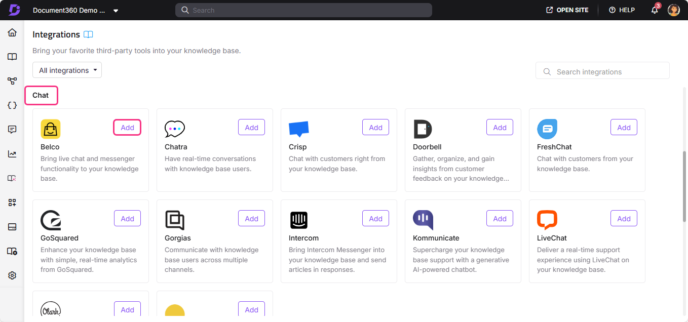 Overview of chat integration options available in the Document360 platform.