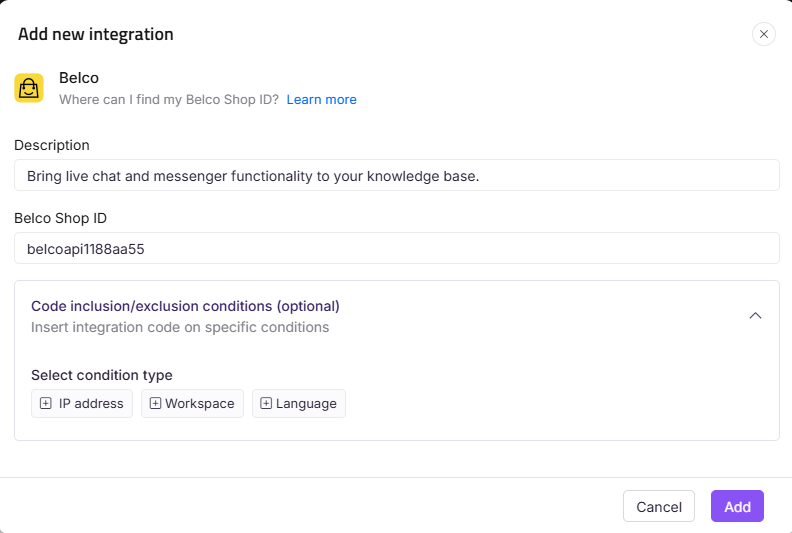 Integration setup for Belco with description and conditions for usage.