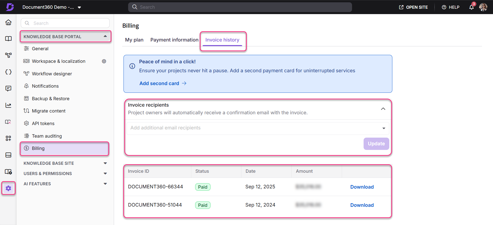 Billing section showing invoice history and recipients for project owners.