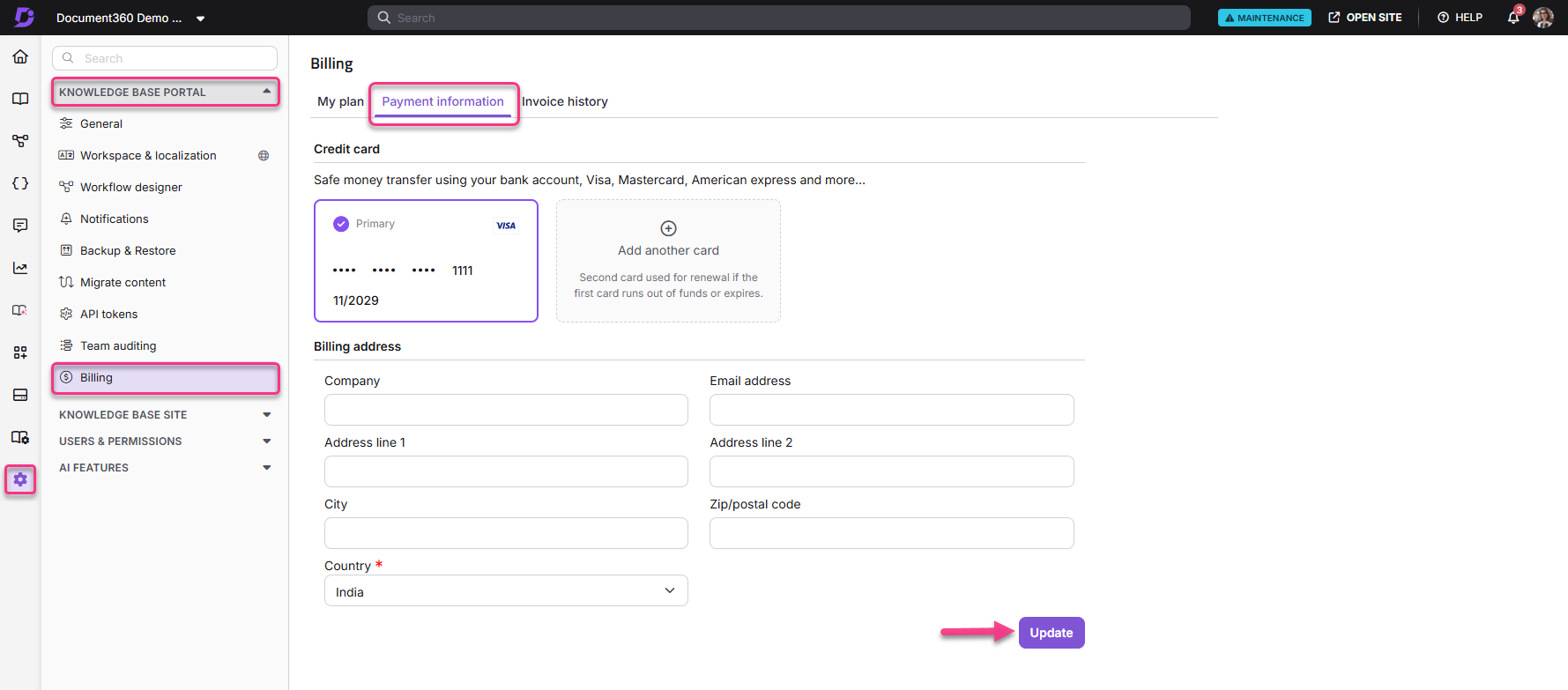 Billing section showing payment information and update options for user account details.