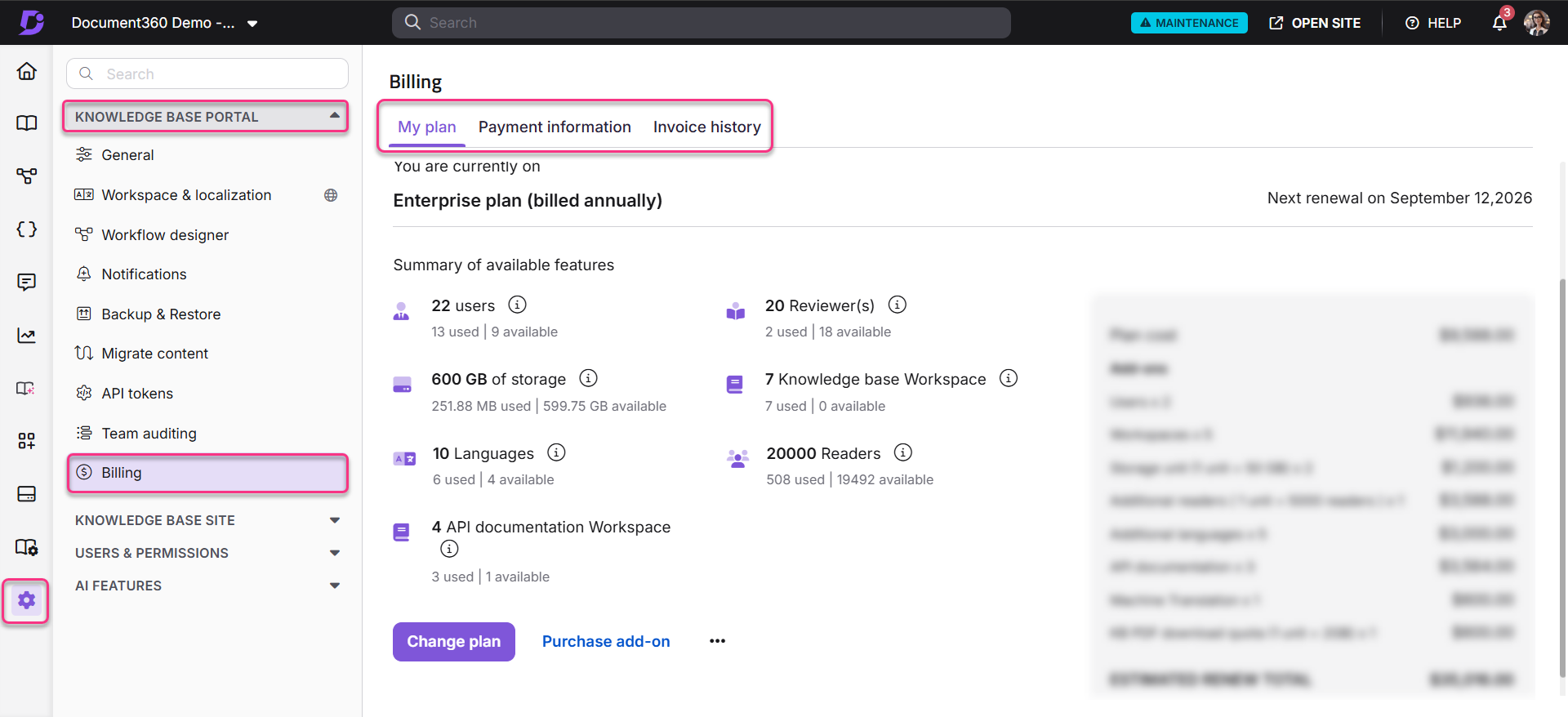 Billing section showing plan details, user limits, and storage information.