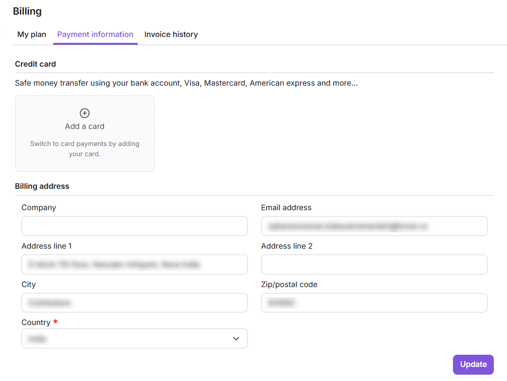 Billing information section with options to add a credit card and update details.
