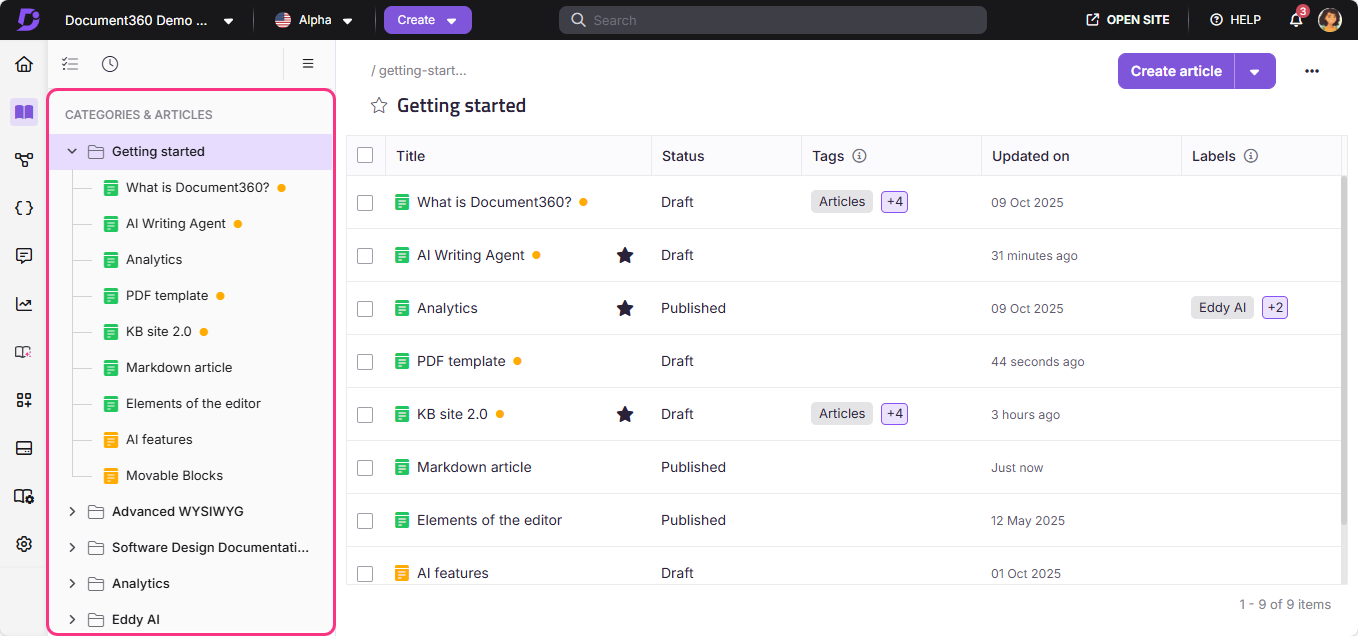 Document360 interface showing categories, articles, and their statuses for content management.