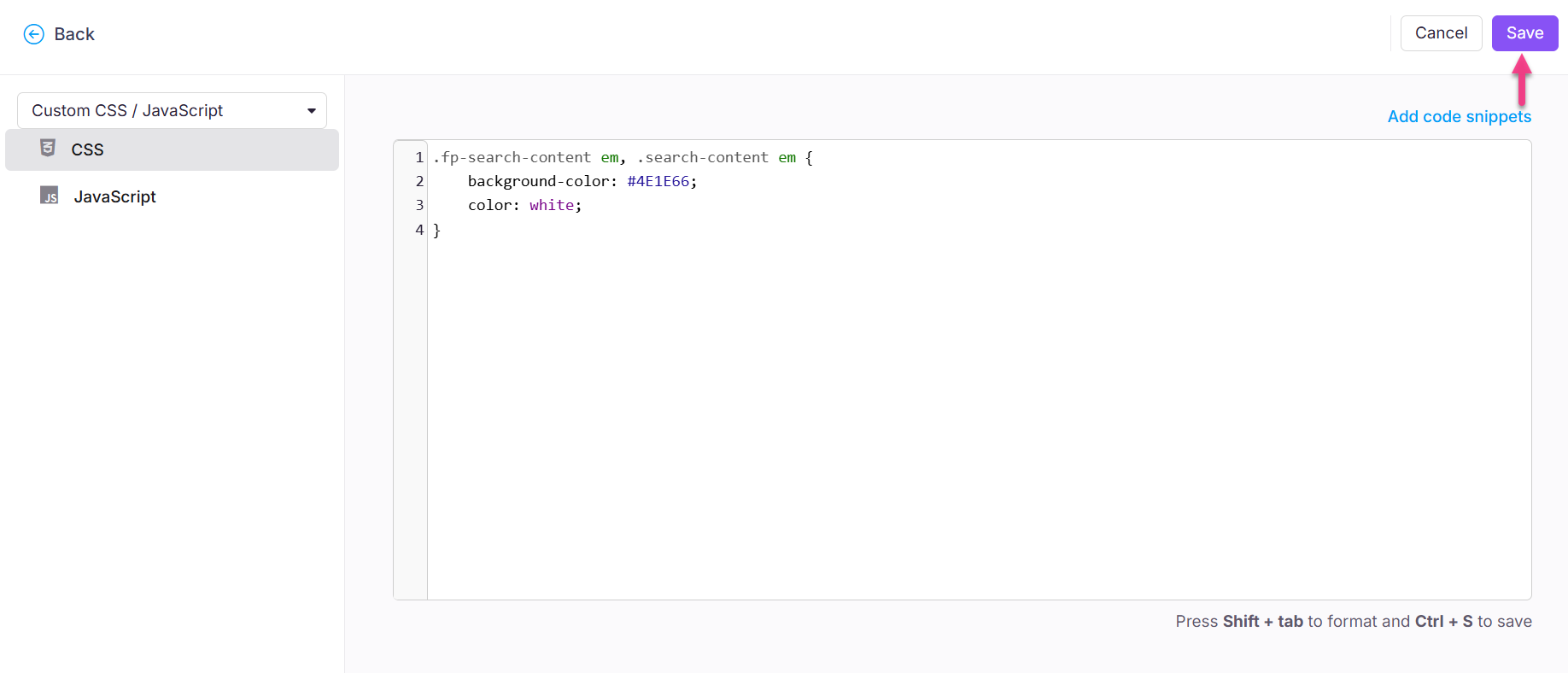 Code snippet editor displaying CSS and JavaScript options with a save button highlighted.