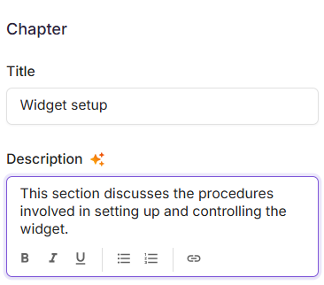 Chapter panel with title and description fields in a Step by step guide