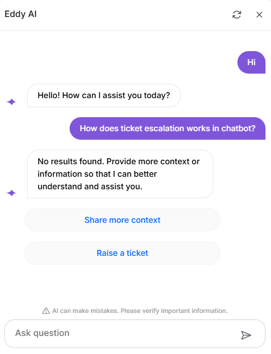 Chatbot interface showing user query and response about ticket escalation process.