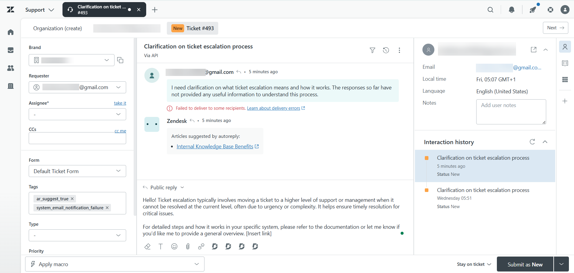 Zendesk ticket detail view showing Subject, Requester, and Description