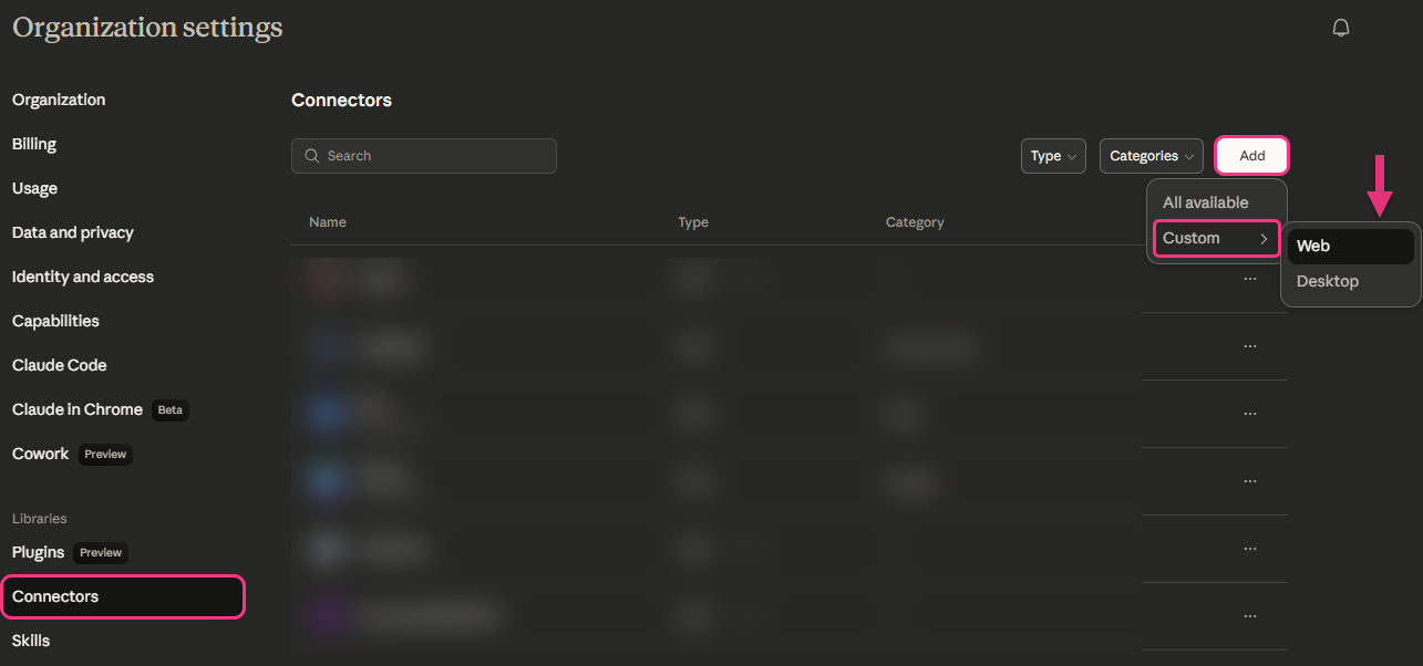 Settings page showing connectors with options to add and filter by type and category.