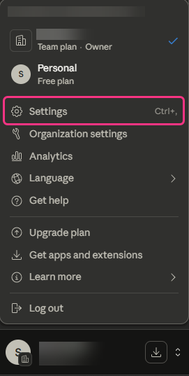Menu displaying settings option with shortcuts for easy navigation and access.
