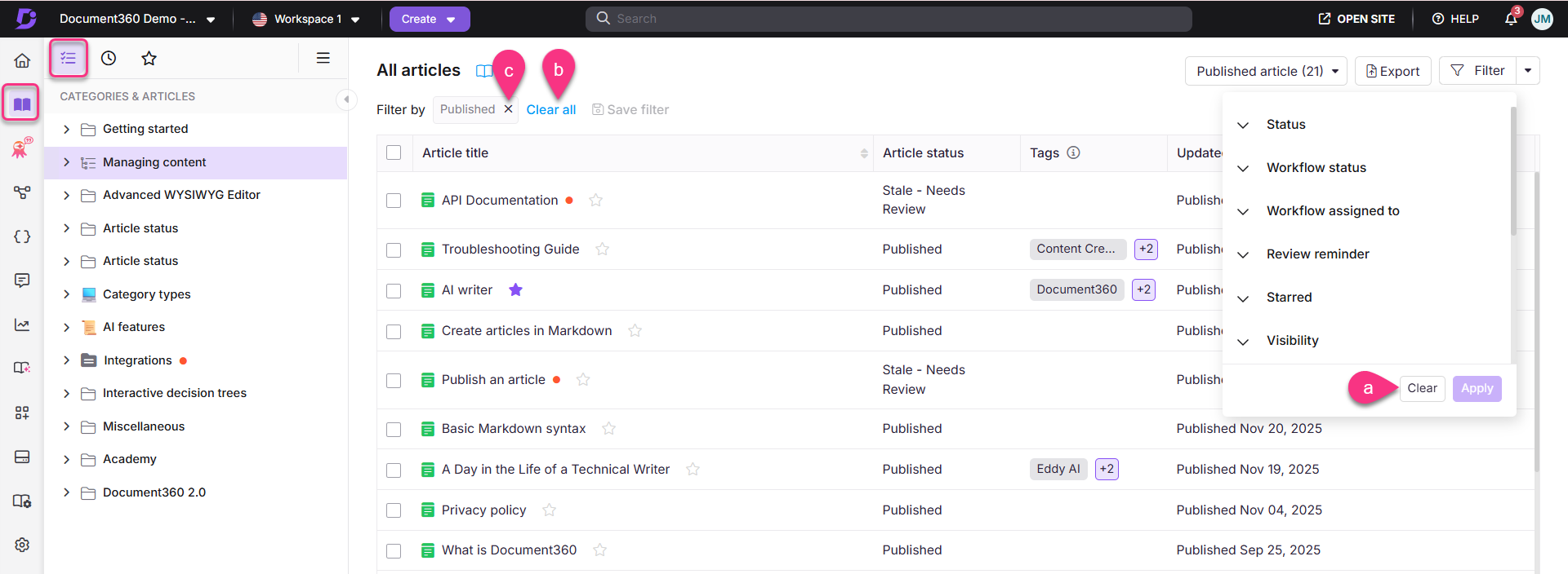 Document360 interface showing article management with filter options and article statuses.