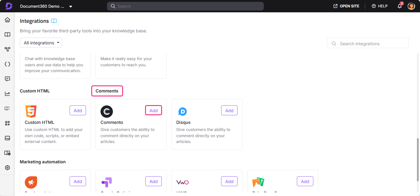 Integration options for comments, including Custom HTML, Commento, and Disqus features.