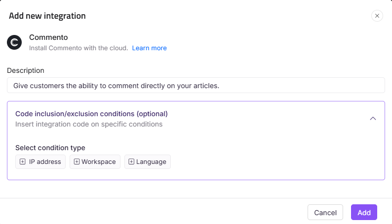 Integration setup for Commento with options for conditions and descriptions.