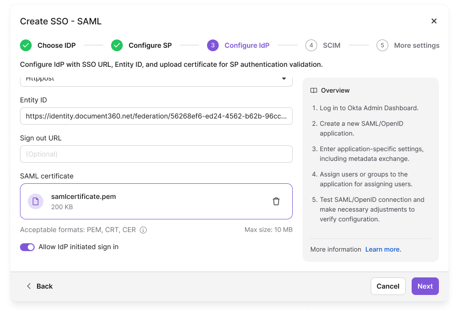 The Configure IdP step in Document360 with the Okta sign on URL, entity ID, and SAML certificate entered