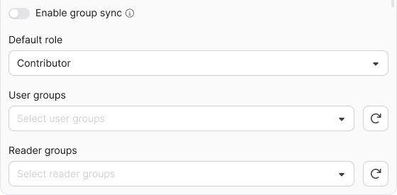 The Enable group sync toggle, Default role, User groups, and Reader groups fields on the SCIM step in Document360