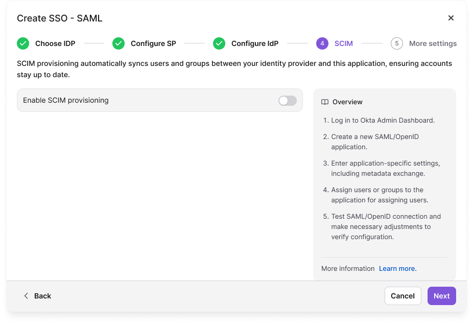 The Enable SCIM provisioning toggle on the SCIM step in Document360