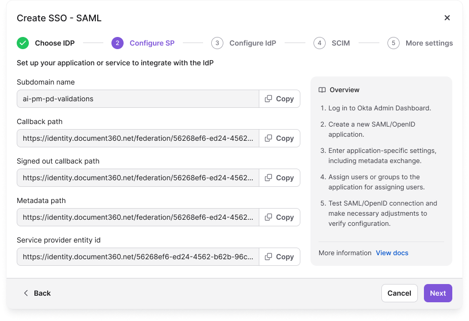 The Configure SP step showing the callback path, service provider entity ID, and signed out callback path to copy into Okta